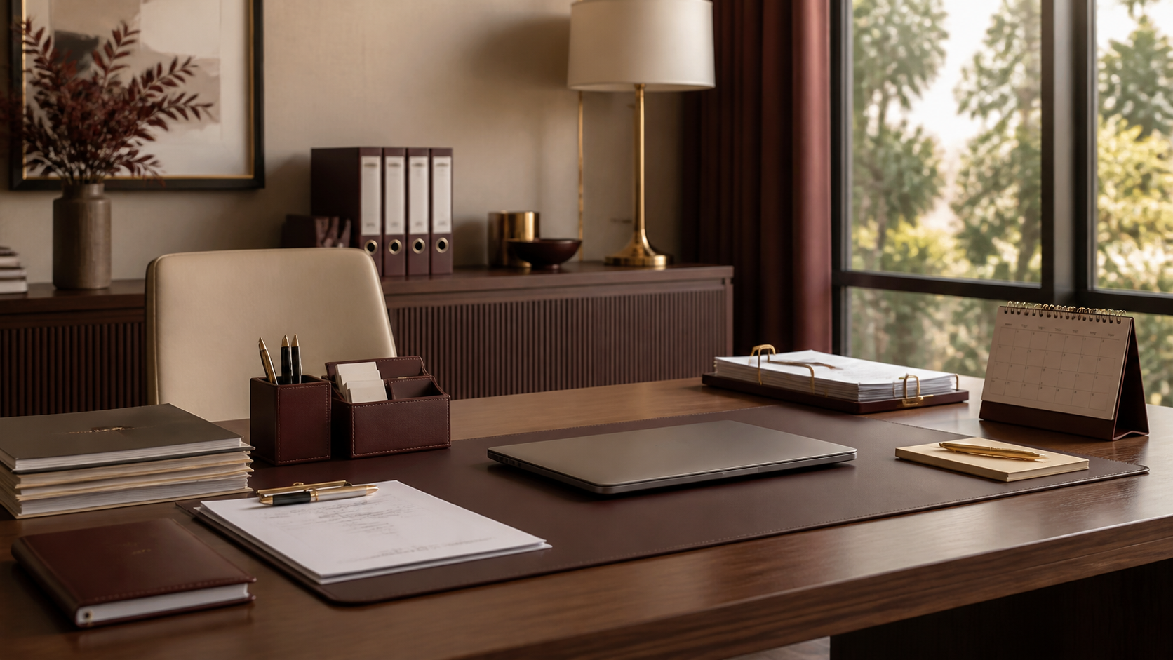 Close-up of organized administrative documents, folders and office planning tools